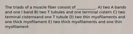 The triads of a muscle fiber consist of __________. A) two A bands and one I band B) two T tubules and one terminal cistern C) two terminal cisternsand one T tubule D) two thin myofilaments and one thick myofilament E) two thick myofilaments and one thin myofilament