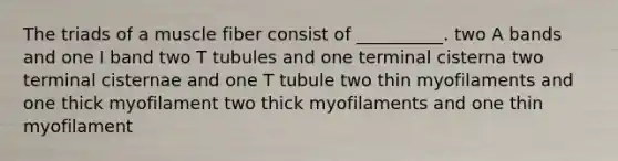 The triads of a muscle fiber consist of __________. two A bands and one I band two T tubules and one terminal cisterna two terminal cisternae and one T tubule two thin myofilaments and one thick myofilament two thick myofilaments and one thin myofilament