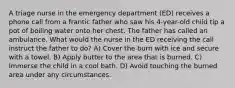 A triage nurse in the emergency department (ED) receives a phone call from a frantic father who saw his 4-year-old child tip a pot of boiling water onto her chest. The father has called an ambulance. What would the nurse in the ED receiving the call instruct the father to do? A) Cover the burn with ice and secure with a towel. B) Apply butter to the area that is burned. C) Immerse the child in a cool bath. D) Avoid touching the burned area under any circumstances.