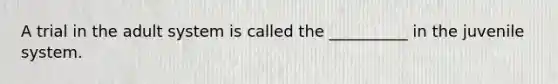 A trial in the adult system is called the __________ in the juvenile system.