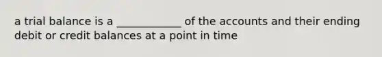 a trial balance is a ____________ of the accounts and their ending debit or credit balances at a point in time