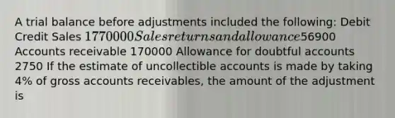 A trial balance before adjustments included the following: Debit Credit Sales 1770000 Sales returns and allowance56900 Accounts receivable 170000 Allowance for doubtful accounts 2750 If the estimate of uncollectible accounts is made by taking 4% of gross accounts receivables, the amount of the adjustment is