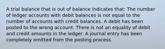 A trial balance that is out of balance indicates that: The number of ledger accounts with debit balances is not equal to the number of accounts with credit balances. A debit has been posted to the wrong account. There is not an equality of debit and credit amounts in the ledger. A journal entry has been completely omitted from the posting process.