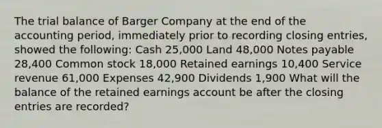 The trial balance of Barger Company at the end of the accounting period, immediately prior to recording closing entries, showed the following: Cash 25,000 Land 48,000 Notes payable 28,400 Common stock 18,000 Retained earnings 10,400 Service revenue 61,000 Expenses 42,900 Dividends 1,900 What will the balance of the retained earnings account be after the closing entries are recorded?