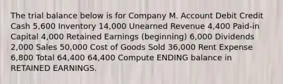 The trial balance below is for Company M. Account Debit Credit Cash 5,600 Inventory 14,000 Unearned Revenue 4,400 Paid-in Capital 4,000 Retained Earnings (beginning) 6,000 Dividends 2,000 Sales 50,000 Cost of Goods Sold 36,000 Rent Expense 6,800 Total 64,400 64,400 Compute ENDING balance in RETAINED EARNINGS.