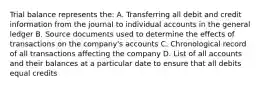 Trial balance represents the: A. Transferring all debit and credit information from the journal to individual accounts in the general ledger B. Source documents used to determine the effects of transactions on the company's accounts C. Chronological record of all transactions affecting the company D. List of all accounts and their balances at a particular date to ensure that all debits equal credits