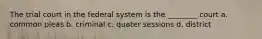 The trial court in the federal system is the ________ court a. common pleas b. criminal c. quater sessions d. district