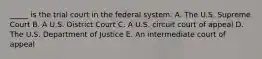 _____ is the trial court in the federal system. A. The U.S. Supreme Court B. A U.S. District Court C. A U.S. circuit court of appeal D. The U.S. Department of Justice E. An intermediate court of appeal