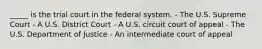 _____ is the trial court in the federal system. - The U.S. Supreme Court - A U.S. District Court - A U.S. circuit court of appeal - The U.S. Department of Justice - An intermediate court of appeal