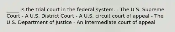 _____ is the trial court in the federal system. - The U.S. Supreme Court - A U.S. District Court - A U.S. circuit court of appeal - The U.S. Department of Justice - An intermediate court of appeal