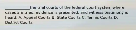 _____________the trial courts of <a href='https://www.questionai.com/knowledge/kpreRDKlD3-the-federal-court-system' class='anchor-knowledge'>the federal court system</a> where cases are tried, evidence is presented, and witness testimony is heard. A. Appeal Courts B. <a href='https://www.questionai.com/knowledge/k0UTVXnPxH-state-courts' class='anchor-knowledge'>state courts</a> C. Tennis Courts D. District Courts