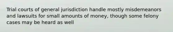 Trial courts of general jurisdiction handle mostly misdemeanors and lawsuits for small amounts of money, though some felony cases may be heard as well