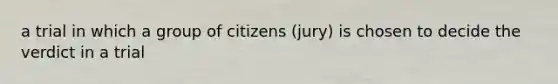 a trial in which a group of citizens (jury) is chosen to decide the verdict in a trial