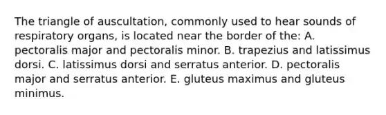 The triangle of auscultation, commonly used to hear sounds of respiratory organs, is located near the border of the: A. pectoralis major and pectoralis minor. B. trapezius and latissimus dorsi. C. latissimus dorsi and serratus anterior. D. pectoralis major and serratus anterior. E. gluteus maximus and gluteus minimus.