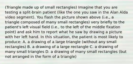 (Triangle made up of small rectangles) Imagine that you are testing a split-brain patient (like the one you saw in the Alan Alda video segment). You flash the picture shown above (i.e., a triangle composed of many small rectangles) very briefly to the patient's left visual field (i.e., to the left of the middle fixation point) and ask him to report what he saw by drawing a picture with her left hand. In this situation, the patient is most likely to produce: A. a drawing of a large triangle (without any small rectangles) B. a drawing of a large rectangle C. a drawing of many small triangles D. a drawing of many small rectangles (but not arranged in the form of a triangle)