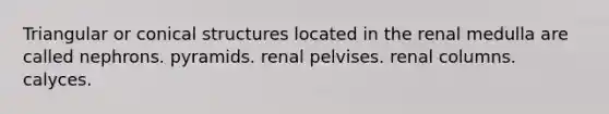 Triangular or conical structures located in the renal medulla are called nephrons. pyramids. renal pelvises. renal columns. calyces.