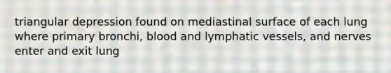 triangular depression found on mediastinal surface of each lung where primary bronchi, blood and lymphatic vessels, and nerves enter and exit lung