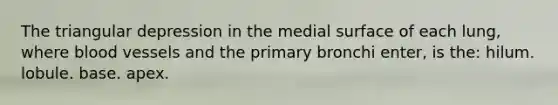 The triangular depression in the medial surface of each lung, where blood vessels and the primary bronchi enter, is the: hilum. lobule. base. apex.