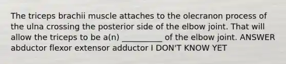 The triceps brachii muscle attaches to the olecranon process of the ulna crossing the posterior side of the elbow joint. That will allow the triceps to be a(n) __________ of the elbow joint. ANSWER abductor flexor extensor adductor I DON'T KNOW YET