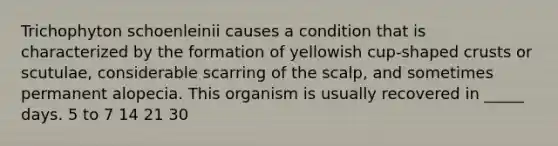 Trichophyton schoenleinii causes a condition that is characterized by the formation of yellowish cup-shaped crusts or scutulae, considerable scarring of the scalp, and sometimes permanent alopecia. This organism is usually recovered in _____ days. 5 to 7 14 21 30