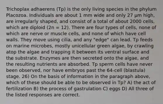 Trichoplax adhaerens (Tp) is the only living species in the phylum Placozoa. Individuals are about 1 mm wide and only 27 μm high, are irregularly shaped, and consist of a total of about 2000 cells, which are diploid (2n = 12). There are four types of cells, none of which are nerve or muscle cells, and none of which have cell walls. They move using cilia, and any "edge" can lead. Tp feeds on marine microbes, mostly unicellular green algae, by crawling atop the algae and trapping it between its ventral surface and the substrate. Enzymes are then secreted onto the algae, and the resulting nutrients are absorbed. Tp sperm cells have never been observed, nor have embryos past the 64-cell (blastula) stage. 26) On the basis of information in the paragraph above, which of these should be able to be observed in Tp? A) the act of fertilization B) the process of gastrulation C) eggs D) All three of the listed responses are correct.