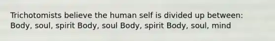 Trichotomists believe the human self is divided up between: Body, soul, spirit Body, soul Body, spirit Body, soul, mind