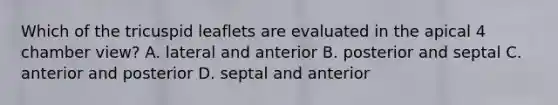 Which of the tricuspid leaflets are evaluated in the apical 4 chamber view? A. lateral and anterior B. posterior and septal C. anterior and posterior D. septal and anterior