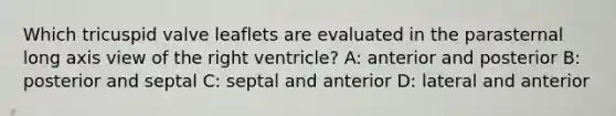 Which tricuspid valve leaflets are evaluated in the parasternal long axis view of the right ventricle? A: anterior and posterior B: posterior and septal C: septal and anterior D: lateral and anterior