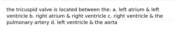 the tricuspid valve is located between the: a. left atrium & left ventricle b. right atrium & right ventricle c. right ventricle & the pulmonary artery d. left ventricle & the aorta