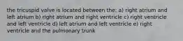 the tricuspid valve is located between the: a) right atrium and left atrium b) right atrium and right ventricle c) right ventricle and left ventricle d) left atrium and left ventricle e) right ventricle and the pulmonary trunk
