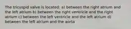 The tricuspid valve is located: a) between the right atrium and the left atrium b) between the right ventricle and the right atrium c) between the left ventricle and the left atrium d) between the left atrium and the aorta