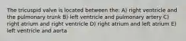 The tricuspid valve is located between the: A) right ventricle and the pulmonary trunk B) left ventricle and pulmonary artery C) right atrium and right ventricle D) right atrium and left atrium E) left ventricle and aorta