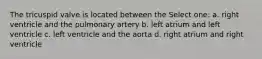 The tricuspid valve is located between the Select one: a. right ventricle and the pulmonary artery b. left atrium and left ventricle c. left ventricle and the aorta d. right atrium and right ventricle