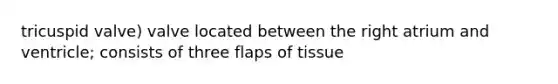 tricuspid valve) valve located between the right atrium and ventricle; consists of three flaps of tissue