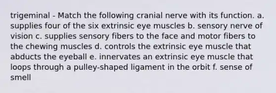 trigeminal - Match the following cranial nerve with its function. a. supplies four of the six extrinsic eye muscles b. sensory nerve of vision c. supplies sensory fibers to the face and motor fibers to the chewing muscles d. controls the extrinsic eye muscle that abducts the eyeball e. innervates an extrinsic eye muscle that loops through a pulley-shaped ligament in the orbit f. sense of smell