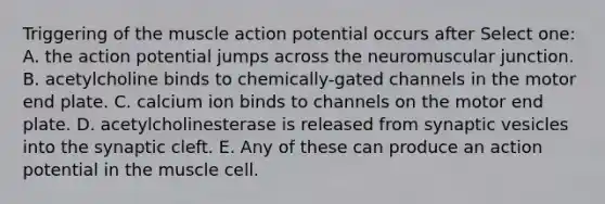 Triggering of the muscle action potential occurs after Select one: A. the action potential jumps across the neuromuscular junction. B. acetylcholine binds to chemically-gated channels in the motor end plate. C. calcium ion binds to channels on the motor end plate. D. acetylcholinesterase is released from synaptic vesicles into the synaptic cleft. E. Any of these can produce an action potential in the muscle cell.