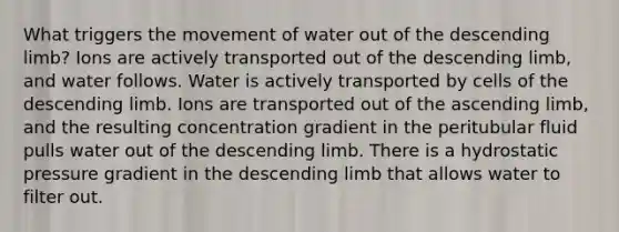 What triggers the movement of water out of the descending limb? Ions are actively transported out of the descending limb, and water follows. Water is actively transported by cells of the descending limb. Ions are transported out of the ascending limb, and the resulting concentration gradient in the peritubular fluid pulls water out of the descending limb. There is a hydrostatic pressure gradient in the descending limb that allows water to filter out.