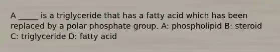 A _____ is a triglyceride that has a fatty acid which has been replaced by a polar phosphate group. A: phospholipid B: steroid C: triglyceride D: fatty acid