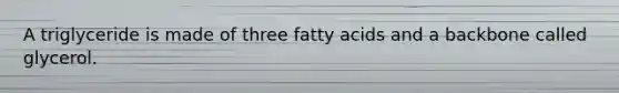 A triglyceride is made of three fatty acids and a backbone called glycerol.