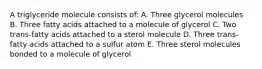 A triglyceride molecule consists of: A. Three glycerol molecules B. Three fatty acids attached to a molecule of glycerol C. Two trans-fatty acids attached to a sterol molecule D. Three trans-fatty acids attached to a sulfur atom E. Three sterol molecules bonded to a molecule of glycerol