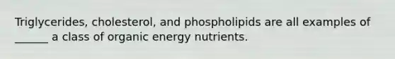 Triglycerides, cholesterol, and phospholipids are all examples of ______ a class of organic energy nutrients.