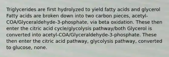 Triglycerides are first hydrolyzed to yield fatty acids and glycerol Fatty acids are broken down into two carbon pieces, acetyl-COA/Glyceraldehyde-3-phosphate, via beta oxidation. These then enter the citric acid cycle/glycolysis pathway/both Glycerol is converted into acetyl-COA/Glyceraldehyde-3-phosphate. These then enter the citric acid pathway, glycolysis pathway, converted to glucose, none.