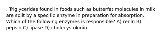 . Triglycerides found in foods such as butterfat molecules in milk are split by a specific enzyme in preparation for absorption. Which of the following enzymes is responsible? A) renin B) pepsin C) lipase D) cholecystokinin