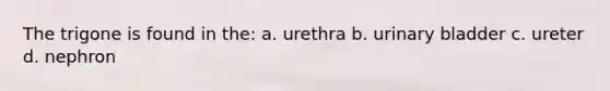 The trigone is found in the: a. urethra b. urinary bladder c. ureter d. nephron