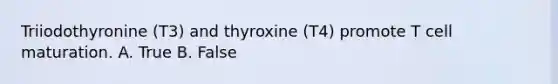 Triiodothyronine (T3) and thyroxine (T4) promote T cell maturation. A. True B. False