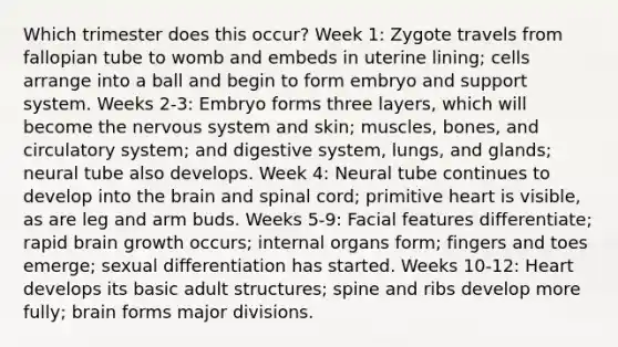 Which trimester does this occur? Week 1: Zygote travels from fallopian tube to womb and embeds in uterine lining; cells arrange into a ball and begin to form embryo and support system. Weeks 2-3: Embryo forms three layers, which will become the nervous system and skin; muscles, bones, and circulatory system; and digestive system, lungs, and glands; neural tube also develops. Week 4: Neural tube continues to develop into the brain and spinal cord; primitive heart is visible, as are leg and arm buds. Weeks 5-9: Facial features differentiate; rapid brain growth occurs; internal organs form; fingers and toes emerge; sexual differentiation has started. Weeks 10-12: Heart develops its basic adult structures; spine and ribs develop more fully; brain forms major divisions.