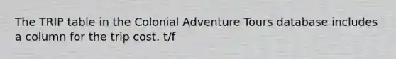 The TRIP table in the Colonial Adventure Tours database includes a column for the trip cost.​ t/f