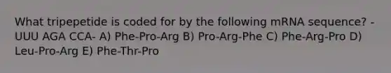 What tripepetide is coded for by the following mRNA sequence? -UUU AGA CCA- A) Phe-Pro-Arg B) Pro-Arg-Phe C) Phe-Arg-Pro D) Leu-Pro-Arg E) Phe-Thr-Pro