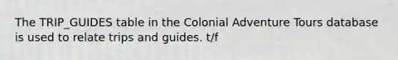 The TRIP_GUIDES table in the Colonial Adventure Tours database is used to relate trips and guides.​ t/f