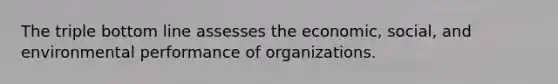 The triple bottom line assesses the economic, social, and environmental performance of organizations.